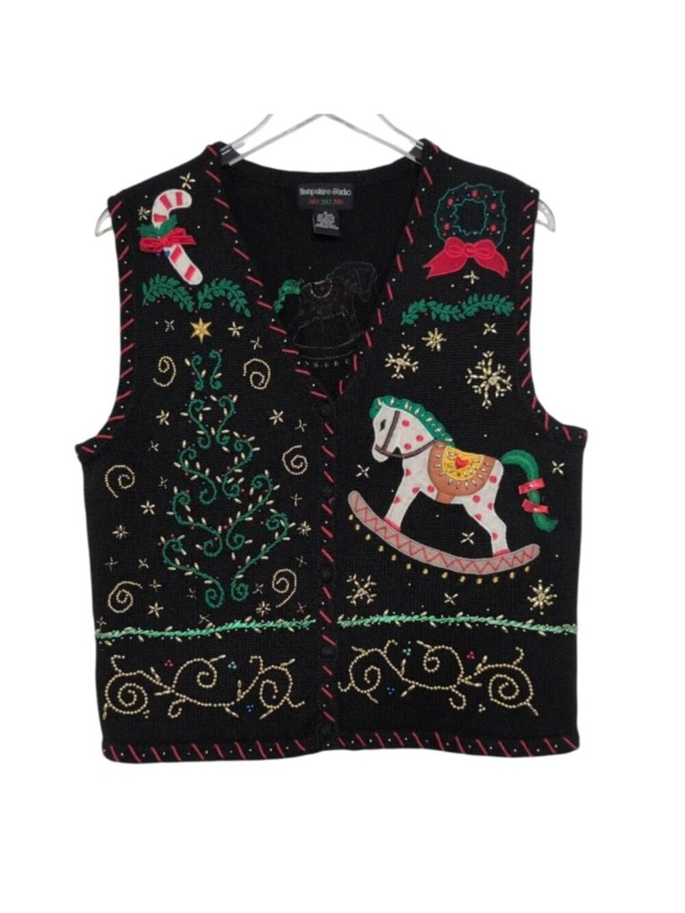 Hampshire Studio Ugly Christmas Sweater Vest Womens Size Medium Black Beaded